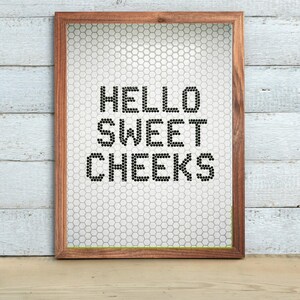 Könnte beinhalten: Gerahmter Druck mit den Worten "HELLO SWEET CHEEKS" in schwarzen Punktbuchstaben. Der Hintergrund ist ein weißes Wabenmuster. Der Rahmen besteht aus braunem Holz, und der Druck wird auf einer Holzoberfläche angezeigt.
