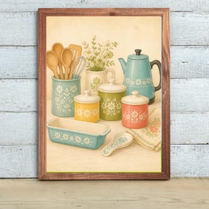 May include: A framed print featuring a vintage kitchen scene. It includes a blue teapot, canisters in yellow, green, and coral, a loaf pan, and a spoon. Wooden utensils and a vase of flowers are also present. The items are decorated with a white floral pattern.