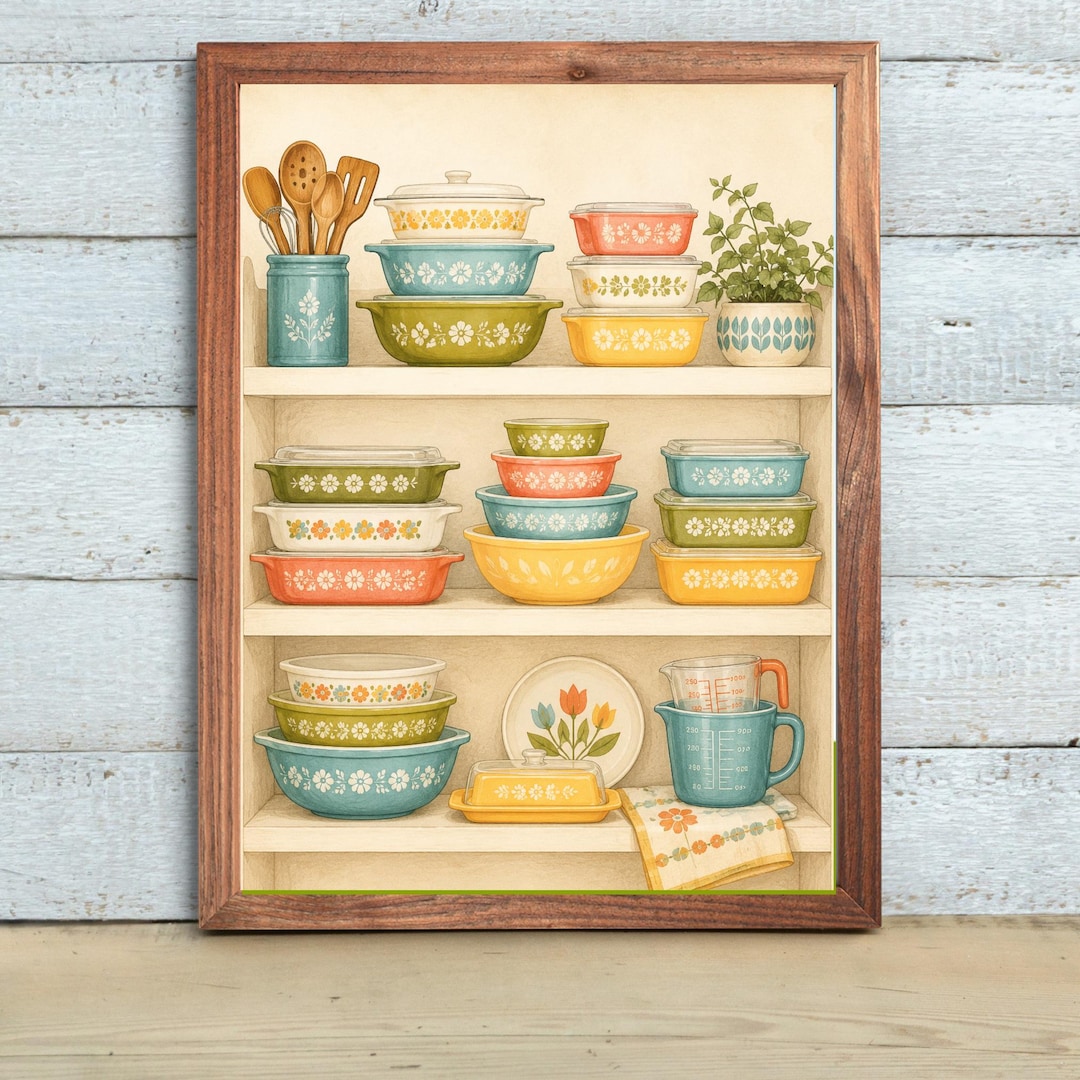 Pyrex Artwork Vintage Pyrex Kitchen Art Print: Colorful Cookware Shelf Decor (digital ...