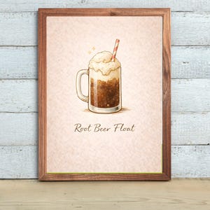 May include: A framed print featuring a root beer float illustration. The drink is in a clear glass mug with a handle, topped with a scoop of ice cream and a red and white striped straw. The words "Root Beer Float" are written below.