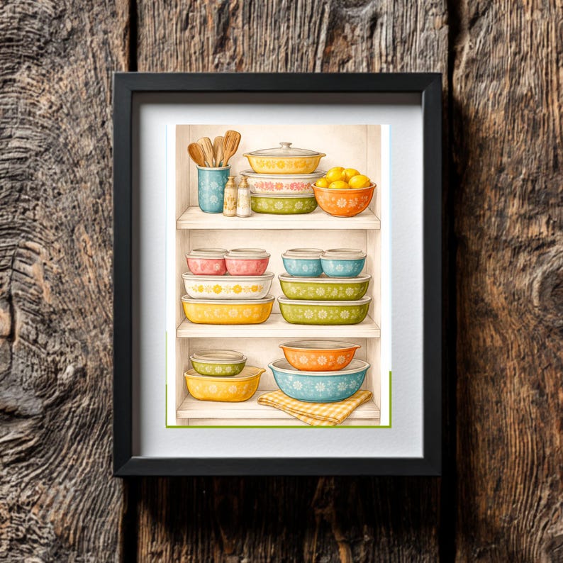 Pyrex Artwork Vintage Pyrex Art Print: Pyrex Cabinet, Retro Kitchen Decor (digital ...