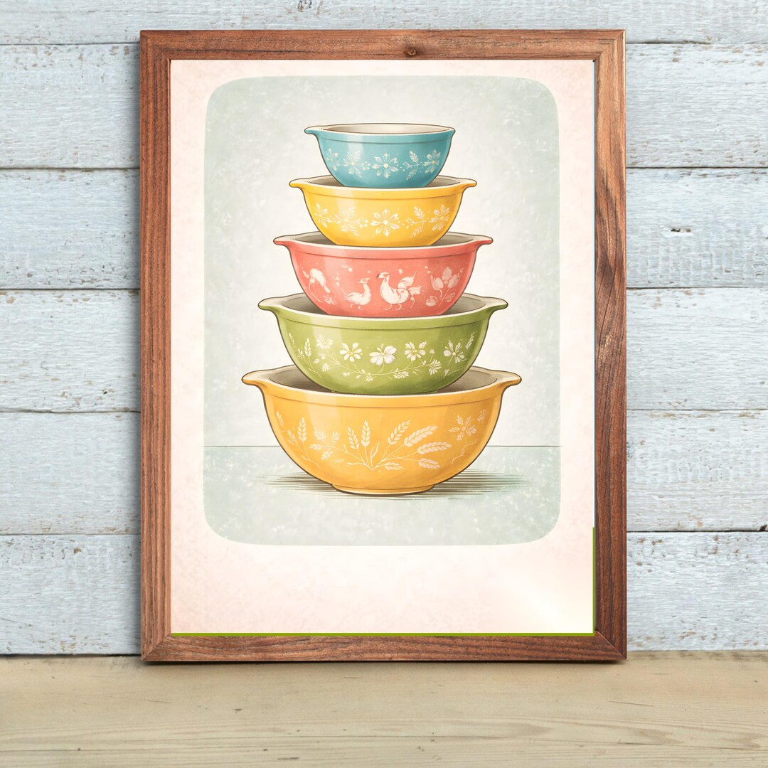 Pyrex Bowls Art Print: Stacked Mixing Bowls, Vintage Kitchen Decor ...