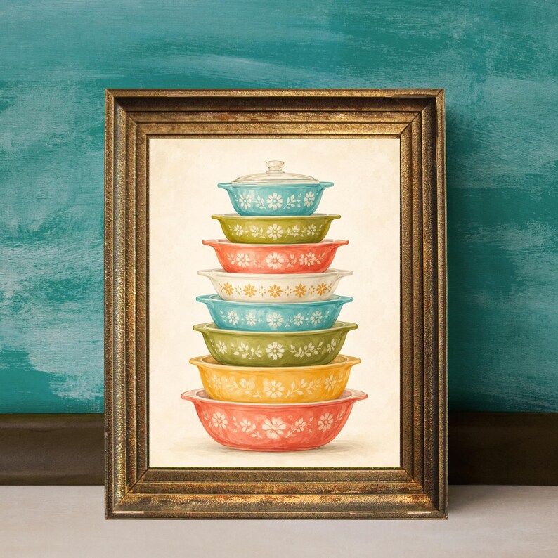 Pyrex Artwork Vintage Pyrex Stack Art Print: Colorful Kitchenware Floral Design ...