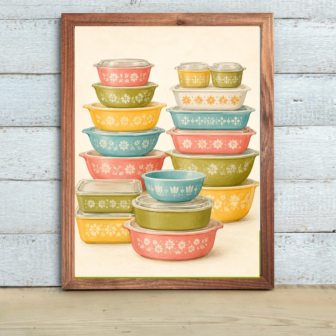 Pyrex Artwork Vintage Pyrex Art Print: Colorful Stacked Kitchen Bowls, Retro Kitchen ...