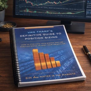 May include: A book titled "Van Tharp's Definitive Guide to Position Sizing" with a blue cover and orange bar graph illustration. A black and gold pen rests on a wooden desk next to the book. A computer monitor displaying stock charts is in the background.