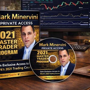 May include: A book and a CD with the text "Mark Minervini PRIVATE ACCESS 2021 MASTER TRADER PROGRAM" are on a wooden desk. The book and CD feature a man in a suit. A computer monitor displays stock charts.