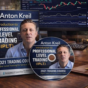 Puede incluir: Un libro y un CD titulados "Introduction to Professional Level Trading (IPLT)" de Anton Kreil. El libro y el CD presentan la imagen del autor. El fondo incluye monitores de computadora que muestran gráficos financieros.