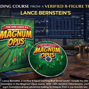 Puede incluir: Imagen de un libro y un CD titulados "MAGNUM OPUS" de Lance Bernstein. El libro y el disco tienen un diseño verde y amarillo con gráficos bursátiles. En el fondo se ven monitores de ordenador que muestran gráficos bursátiles.