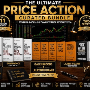 May include: A curated bundle of 11 premium books on price action trading. The image features a collection of books with titles like "Day Trading with Price Action" and "Trade the Price Action", along with a mug and a notebook.