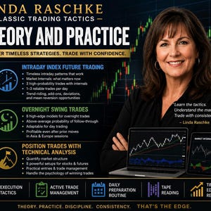 Może przedstawiać: Grafika promocyjna Classic Trading Tactics Lindy Raschke z portretem autorki, laptopem i tabletem z wykresami giełdowymi oraz numerowaną listą szczegółowo opisującą strategie handlowe, w tym transakcje intraday, swing i pozycyjne.