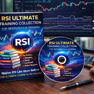 May include: A book and CD set titled "RSI Ultimate Training Collection" with a blue and gold design. The book and CD feature the text "RSI" and a list of authors. A computer monitor displays stock charts in the background.