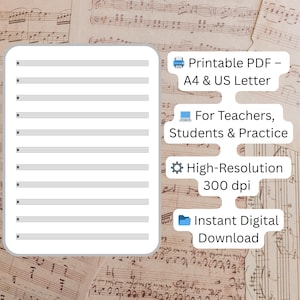 Könnte beinhalten: Ein digitales Notenblatt mit fünf horizontalen Linien, ideal für Notationen. Das Bild enthält Text: Printable PDF - A4 & US Letter, For Teachers, Students & Practice, High-Resolution 300 dpi, und Instant Digital Download.