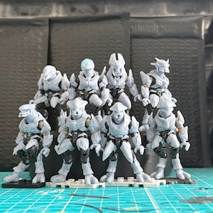 Può includere: Un gruppo di dieci action figure grigie, ognuna con armature ed elmetti dettagliati, in piedi su una base grigia. Le figure sono disposte su due file, con una varietà di pose. Lo sfondo include imballaggi neri e una bottiglia bianca parzialmente visibile.