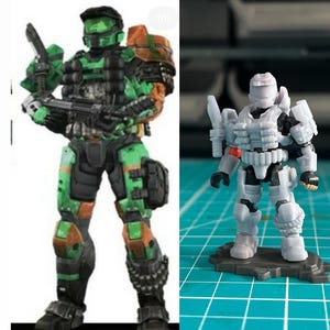 May include: Two action figures of a soldier in green and white armor. The figure on the left is holding a gun and has a backpack. The figure on the right is standing on a base. Examples photos!