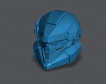 May include: A blue plastic helmet with a detailed design. The helmet has a visor and a textured surface.
