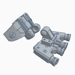 May include: Two light gray, mechanical components. One is angled with a screw and a series of ridges. The other has a cylindrical shape with multiple openings and a rounded top. The parts appear to be 3D printed.