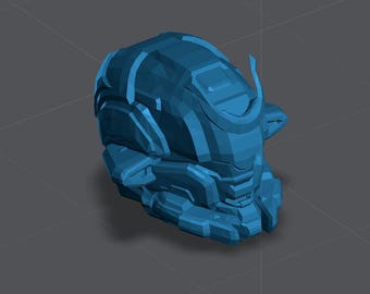 May include: A blue 3D printed helmet with a futuristic design. The helmet has a visor and a series of ridges and grooves.