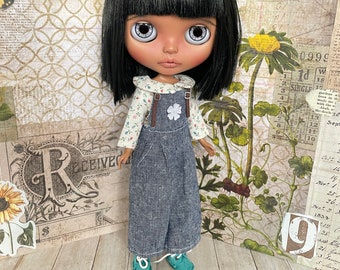 Blythe doll dungaree/ romper/ jumper set in blue linen with small multi coloured  print blouse