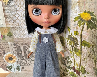 Blythe doll dungaree/ romper/ jumper in blue with small yellow print blouse