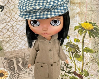 Blythe doll flat cap hat in blue check/plaid