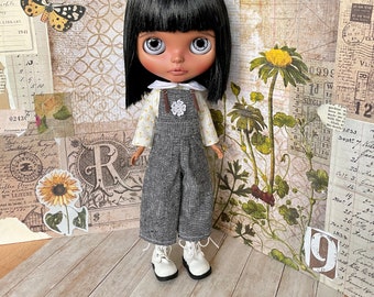 Blythe doll dungaree / jumper/ romper with small yellow print blouse