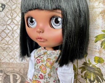 Blythe doll beige dungaree dress set with Liberty print blouse