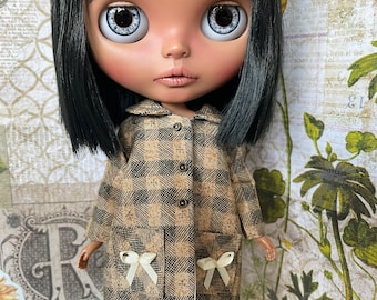 Blythe doll clothes brown check/plaid coat