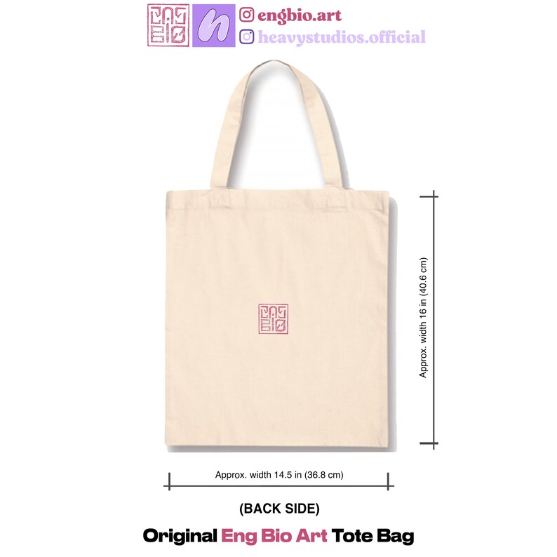 May include: Cream-colored tote bag with a red square logo. The bag is approximately 14.5 inches wide and 16 inches tall. The text "Original Eng Bio Art Tote Bag" is at the bottom. The back side of the bag is shown.