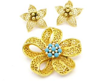 BSK Filigree, Pearl Ribbon Brooch, Monet Earrings, Vintage 50s Jewelry Lot
