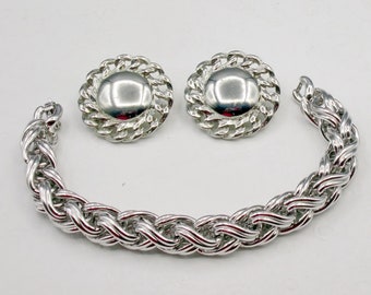 Monet Heavy Spiga  Chain Bracelet, Earring Set. Vintage 1960s Jewelry.