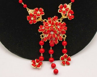 Red Rhinestone Flower Necklace, Vintage Featherlight Jewelry, 1950s, Repurposed, One Of a Kind