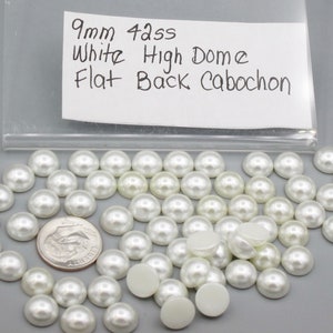 9mm  White Pearl High Dome Flat Back Cabochon, 42ss (10) Each, Jewelry Repair