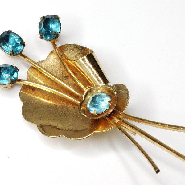 CORO Aqua Rhinestone Floral Brooch, Vintage Retro 1940's Jewelry