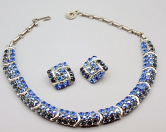 LISNER Rhinestone Necklace Parure. Multi Blue Rhinestones.  Vintage 1950s Jewelry. Book Piece