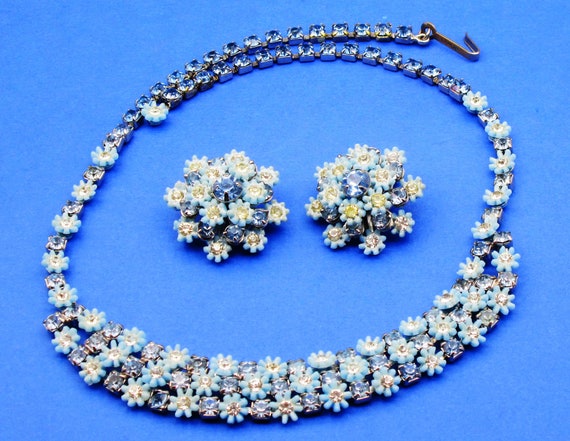 Leru Floral Rhinestone Necklace Parure Blue, 1950… - image 5