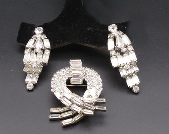 Bagette Rhinestone Swirl Brooch , Kramer NY Shoulder Duster Earring Set, Vintage 1950 60s