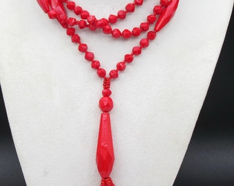 Bohemian Glass Necklace, Vintage Art Deco Tasseled Sautoir, Red Flapper Necklace