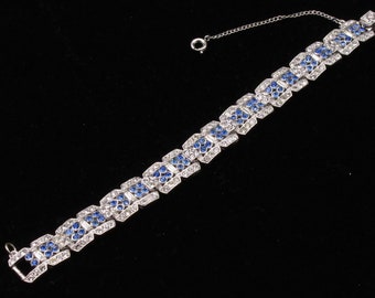 Vintage LEDO Art Deco Bracelet, Pave Blue and Clear  Rhinestones  1940s Vintage Wedding  Jewelry