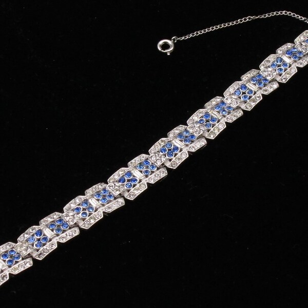 Vintage LEDO Art Deco Bracelet, Pave Blue and Clear  Rhinestones  1940s Vintage Wedding  Jewelry