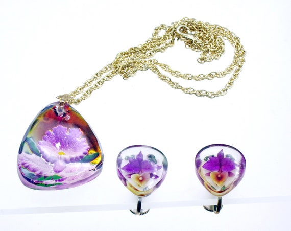 Reverse Carved Lucite Necklace Set, Lavender Orch… - image 1