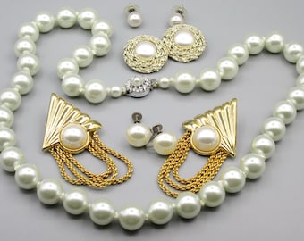 Pearl Necklace 14mm White, Pearl Earring Sets, Vintage 1960s Pearl Jewelry Lot