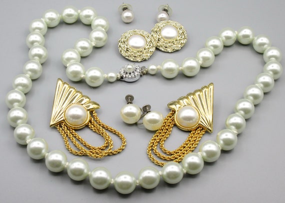 Pearl Necklace 14mm White, Pearl Earring Sets, Vi… - image 1