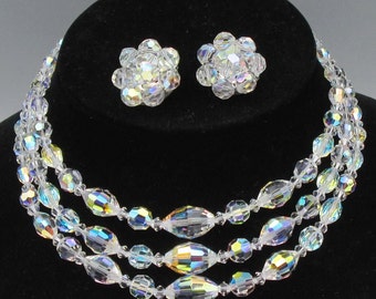 AB Crystal Necklace Parure Set, Three Strand Faceted Crystal AB Beads, Vintage 50s