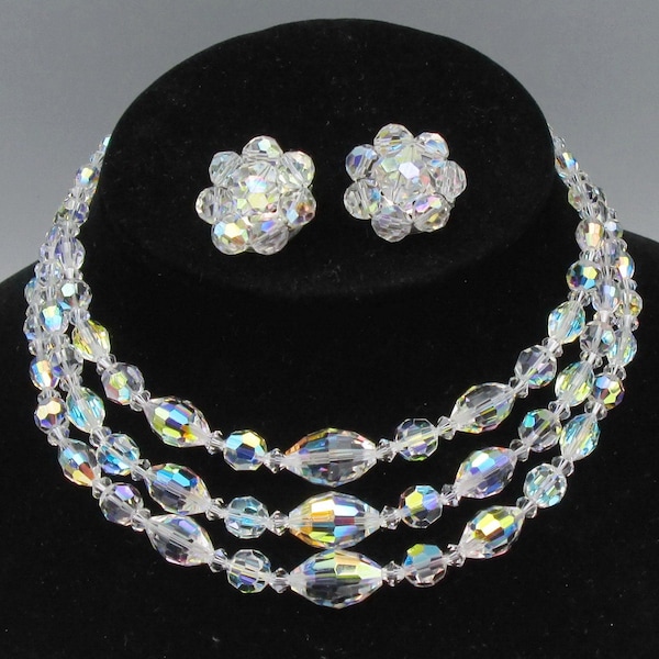 AB Crystal Necklace Parure Set, Three Strand Faceted Crystal AB Beads, Vintage 50s