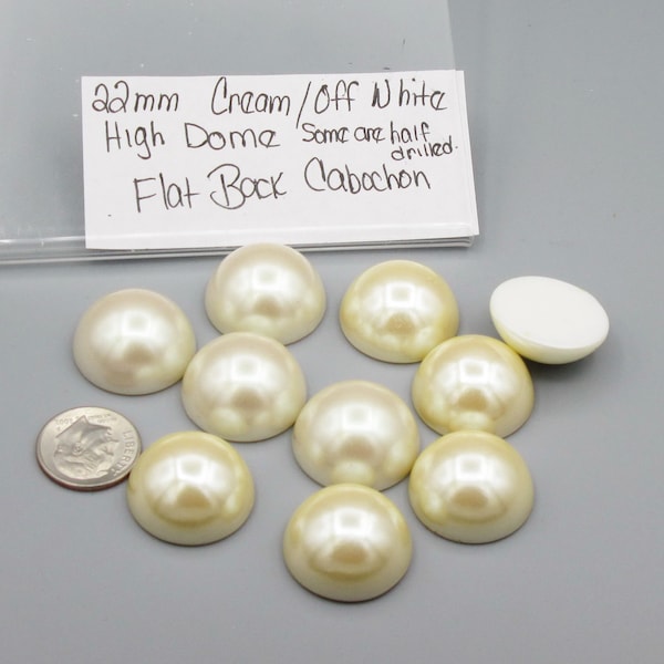22mm  Cream Off/White Pearl Cabochon High Dome Flat Back Half Drilled (2)