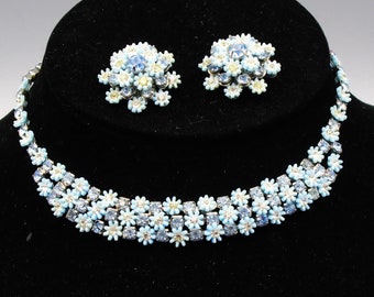 Leru Floral Rhinestone Necklace Parure Blue, 1950 Vintage Rhinestone Jewelry