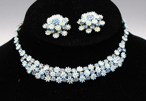 Leru Floral Rhinestone Necklace Parure Blue, 1950… - image 1