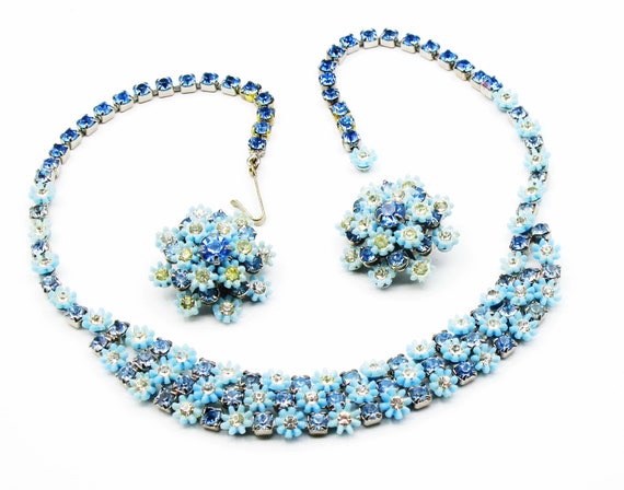 Leru Floral Rhinestone Necklace Parure Blue, 1950… - image 3