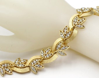 Crown Trifari Rhinestone Bracelet Brushed Gold Foliate, Vintage 1960s, Calvacade Line