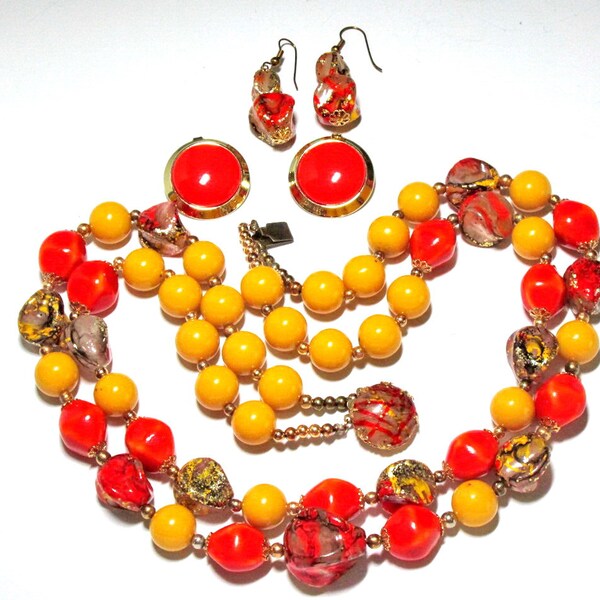 Vintage 50-60s Orange, Yellow, Dble Strand Necklace, Earring Sets